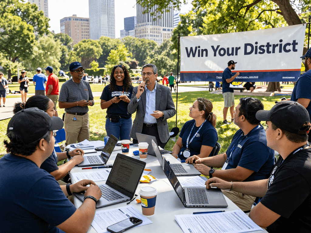 Team strategizing in park for geofencing political advertising campaign.