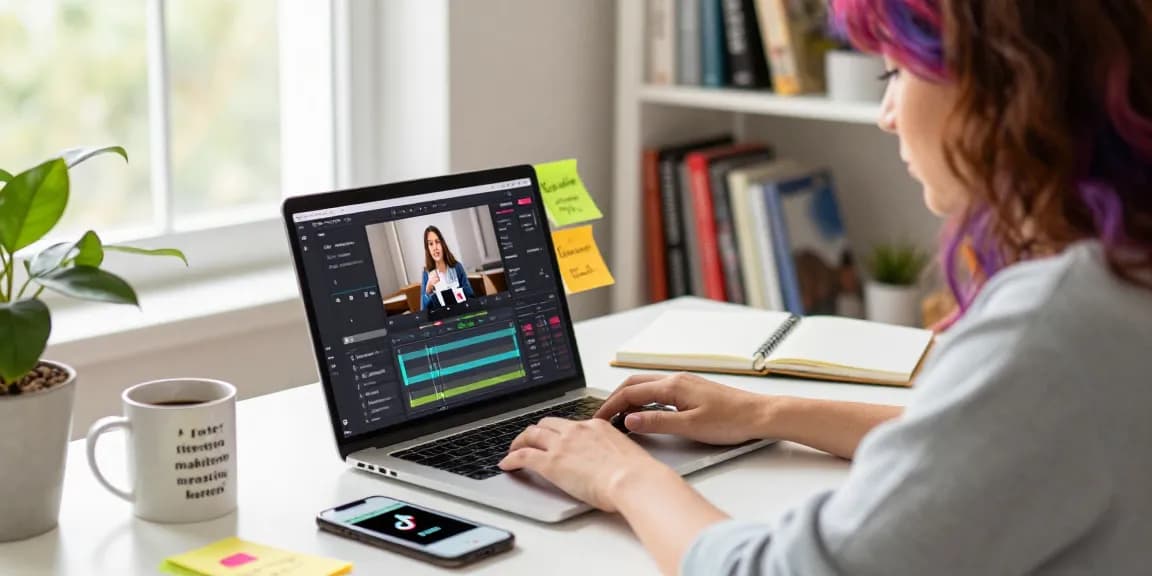 Learn how to buy views on TikTok in a vibrant home office setting, with TikTok analytics visible on a laptop.