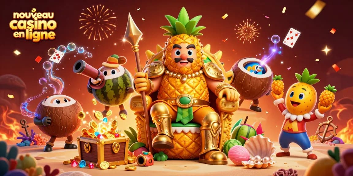 Découvrez le nouveau casino en ligne avec des personnages colorés et festifs dans une scène immersive de jeu.