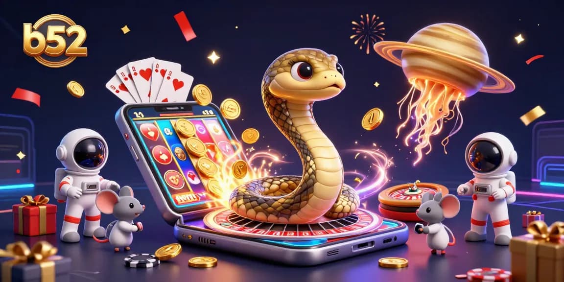 Experience thrilling b52 gaming action with vibrant cosmic casino elements and animated characters.