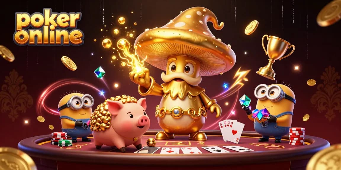 Profitez du poker en ligne avec cette scène animée illustrant des jeux de cartes et des jetons brillants.