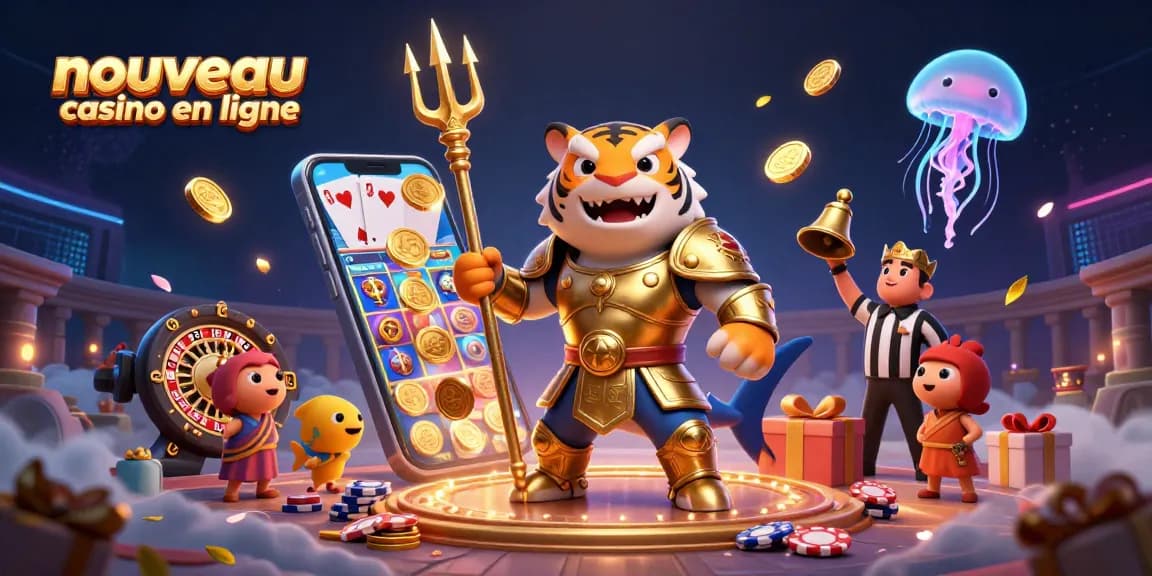 Visualisez un nouveau casino en ligne avec un requin tigre en armure, thème de l'univers ludique et vibrant.