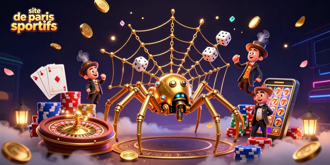Scénario captivant sur le site de paris sportifs avec une araignée steampunk tissant un filet doré.