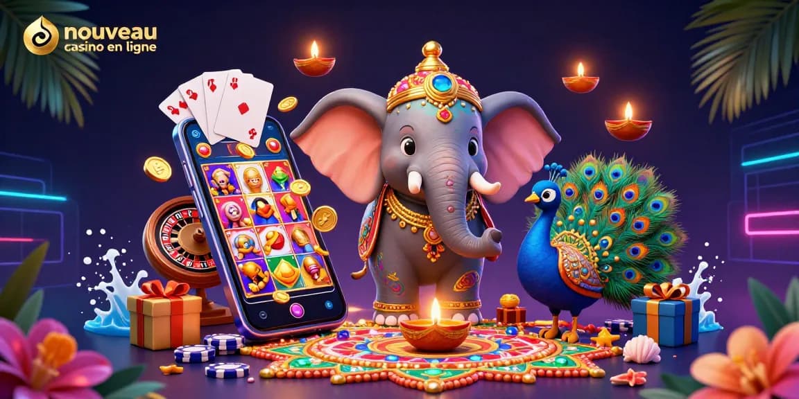 Accédez aux nouveaux casinos en ligne avec cette illustration dynamique de jeux et éléments colorés.