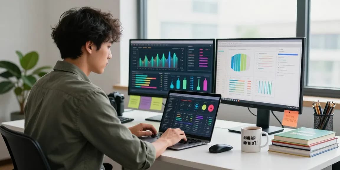 Marketing professional analyzing kecak4d data with charts in a modern workspace.