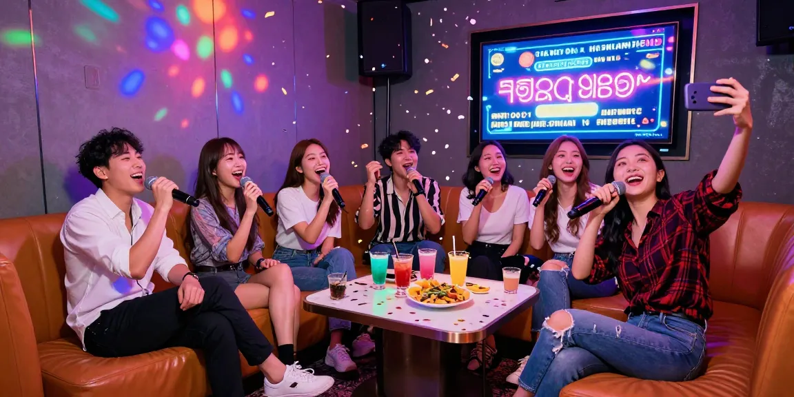 Friends enjoying a lively 강남가라오케 night with vibrant lighting and karaoke fun