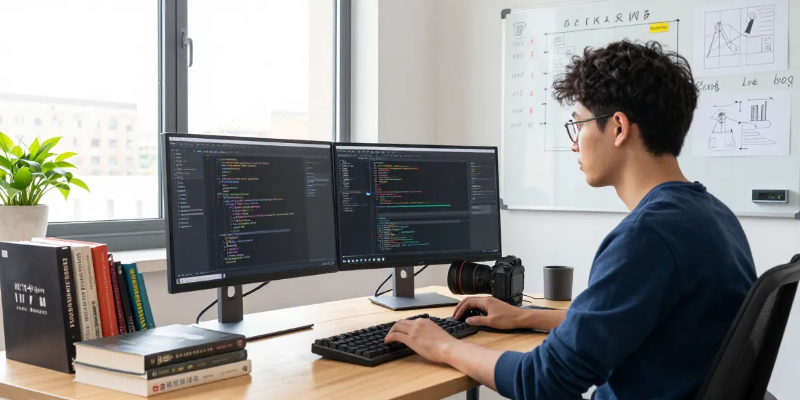 Young developer coding the 纸飞机中文版 application in a bright tech workspace with dual monitors and design sketches.