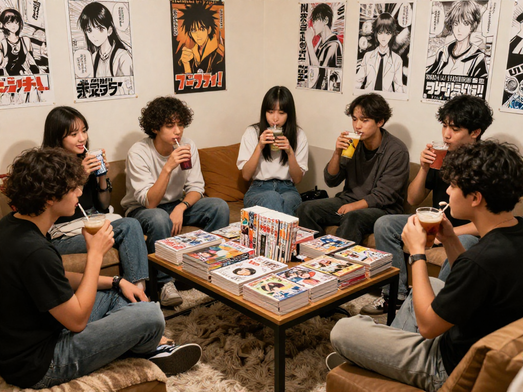 Friends enjoying manga reading session at https://hitomi-mangaraw01.com/ with cozy atmosphere and vibrant decor.