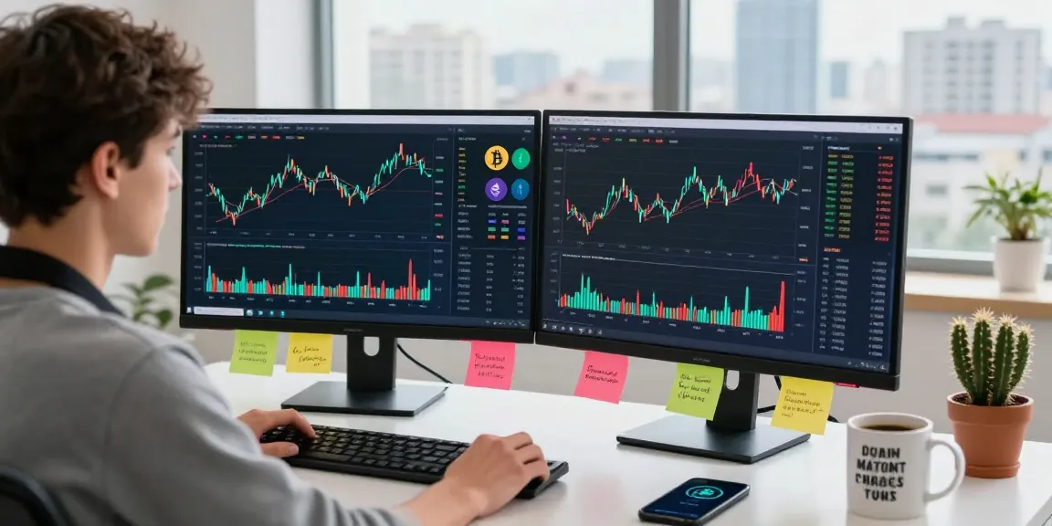 Young trader analyzing cryptocurrency trends in Kazakhstan at home office, showcasing active trading environment.