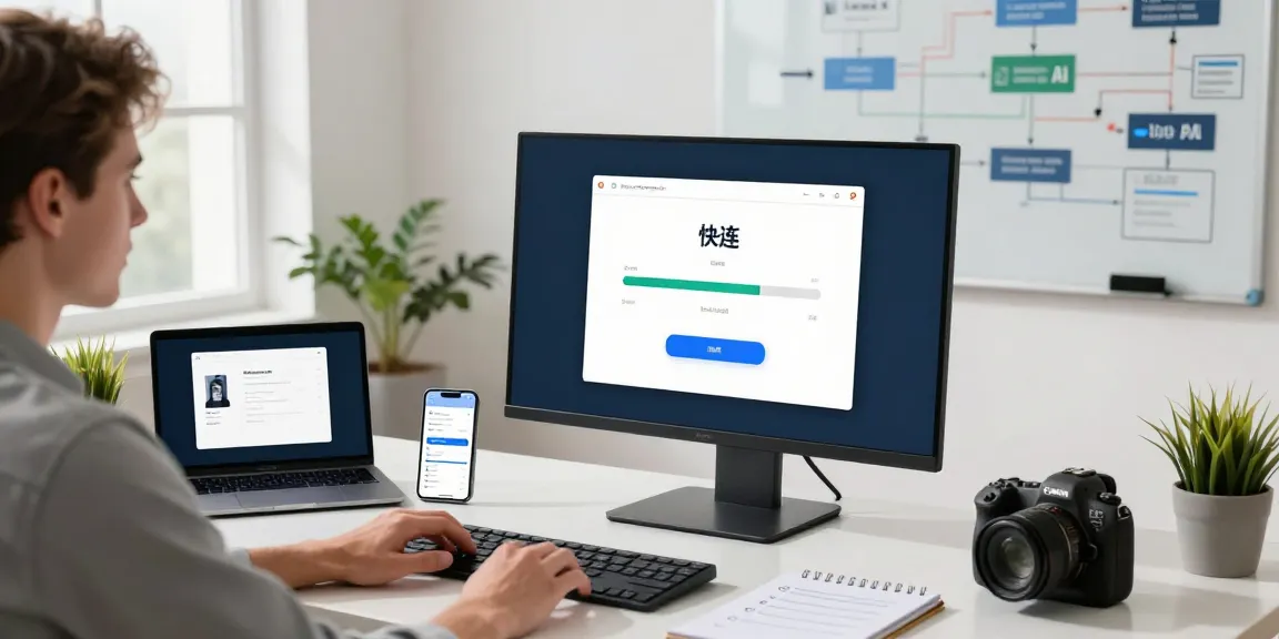 快连 user setting up software on a sleek desk with monitors, coffee, and plants.