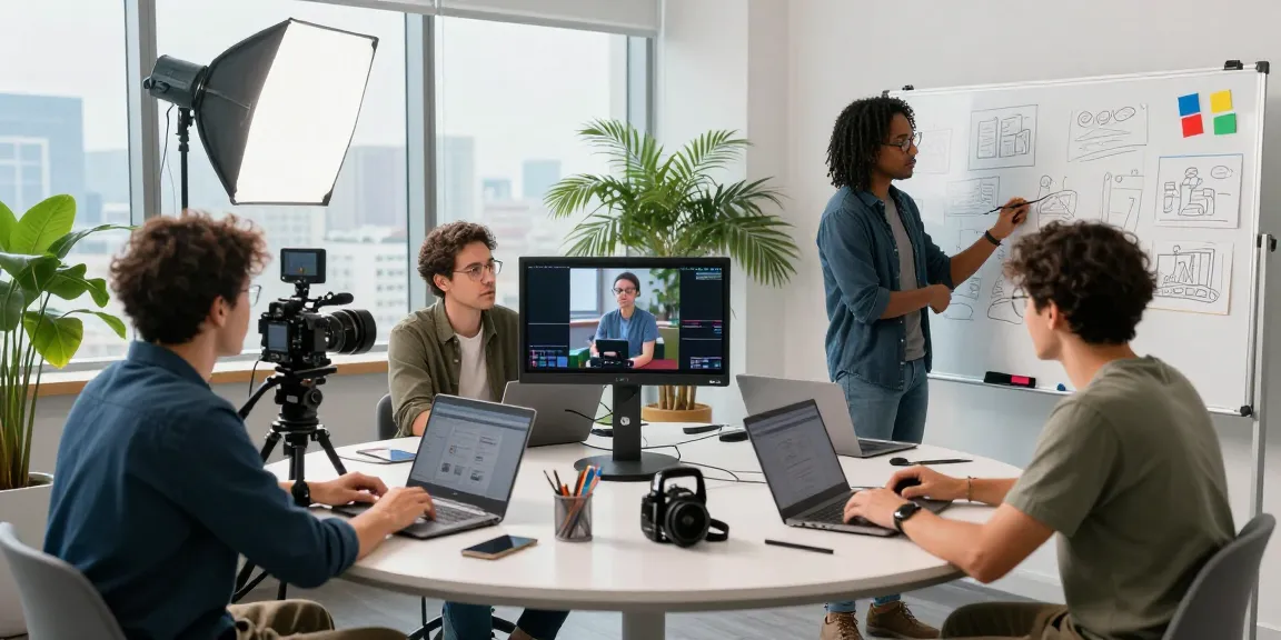 Creative Corporate & Commercial Video Production Sg team collaborating in vibrant studio.
