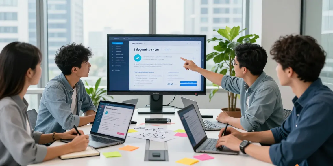 Team strategizing with telegramin-cn.com on screens in a modern office setting