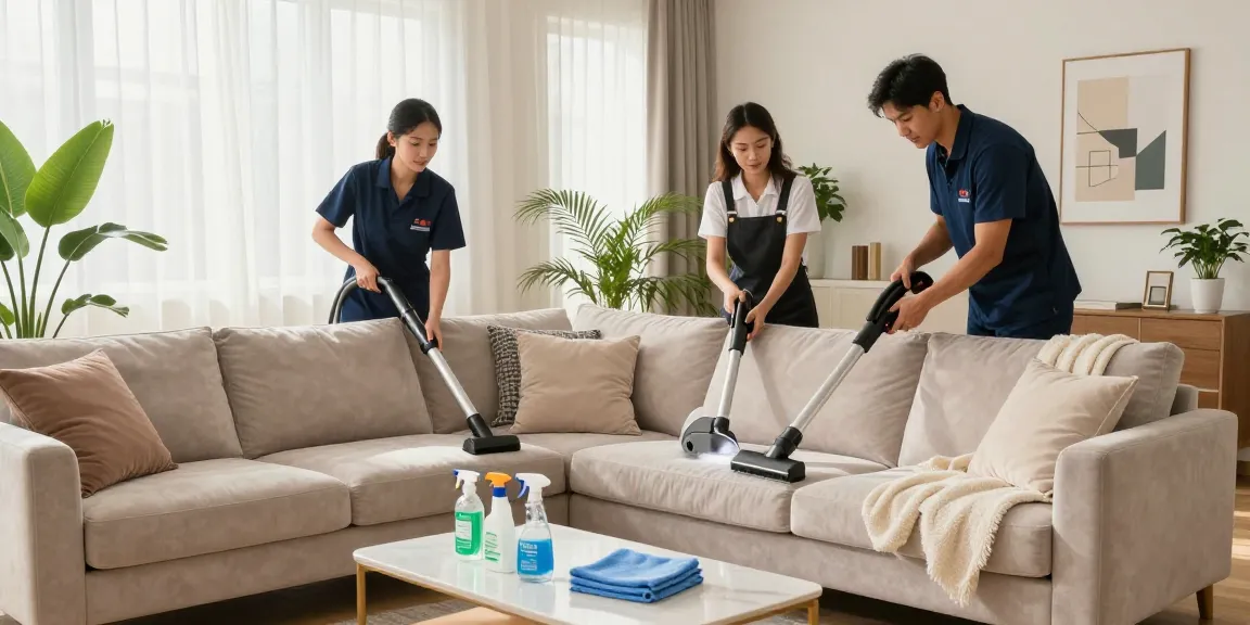 Professional couch cleaning team using eco-friendly equipment in a cozy living room.