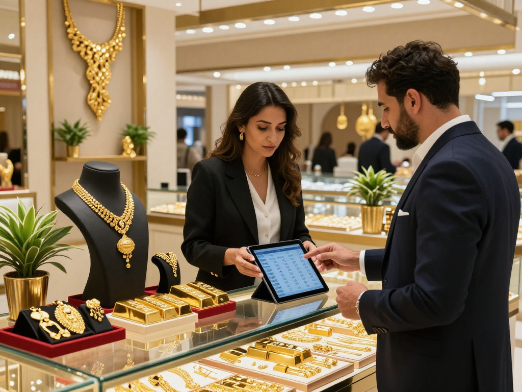 Beautiful gold bars and jewelry displayed in an elegant Bahrain market, showcasing mantra 88 quality through trust and sophistication.