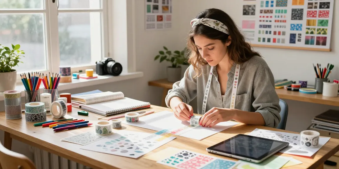 Designer creating custom washi tape designs with vibrant colors and materials in a bright, artistic workspace.