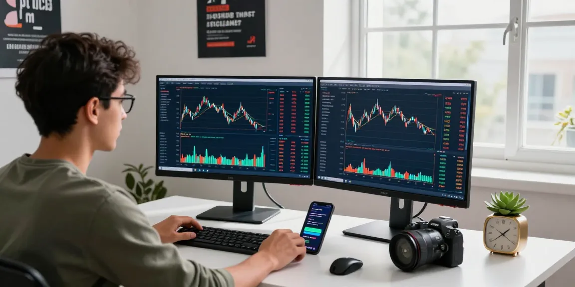 Engaging scene of crypto trader analyzing OKX reviews and trading data in modern home office