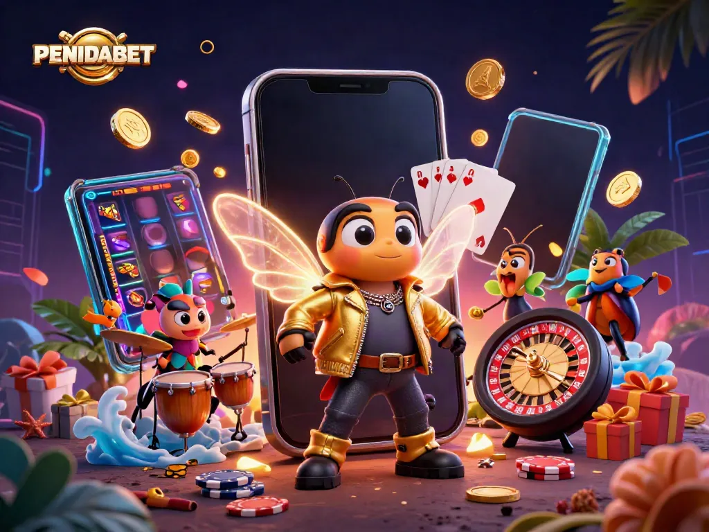 PENIDABET menyajikan ilustrasi menarik dengan cicada rock star dan elemen kasino yang dinamis.