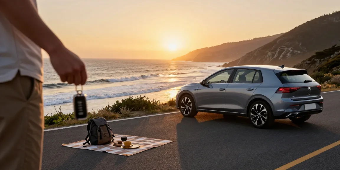 Person holding a Volkswagen key by a scenic coastal road with a modern Volkswagen vehicle, depicting an adventurous automotive lifestyle.
