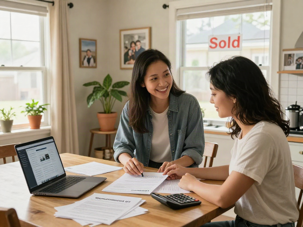 Couple planning to deposit 10k for their first home purchase in a warm kitchen.