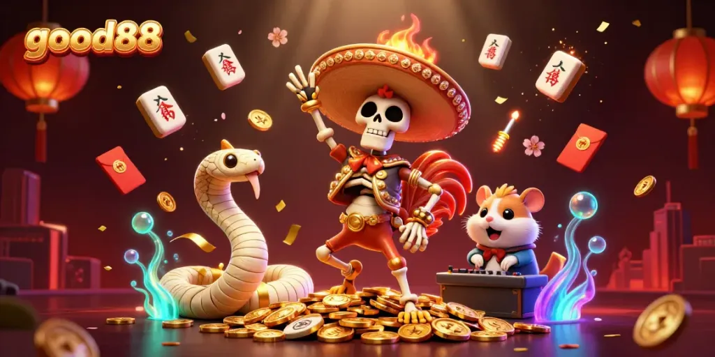 Experience the thrill of good88 with a vibrant winning scene featuring animated characters amidst rich gaming symbols.
