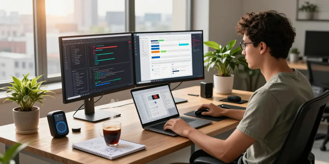 Developer using snipaste on dual monitors in a modern workspace, illustrating efficient coding and collaboration.