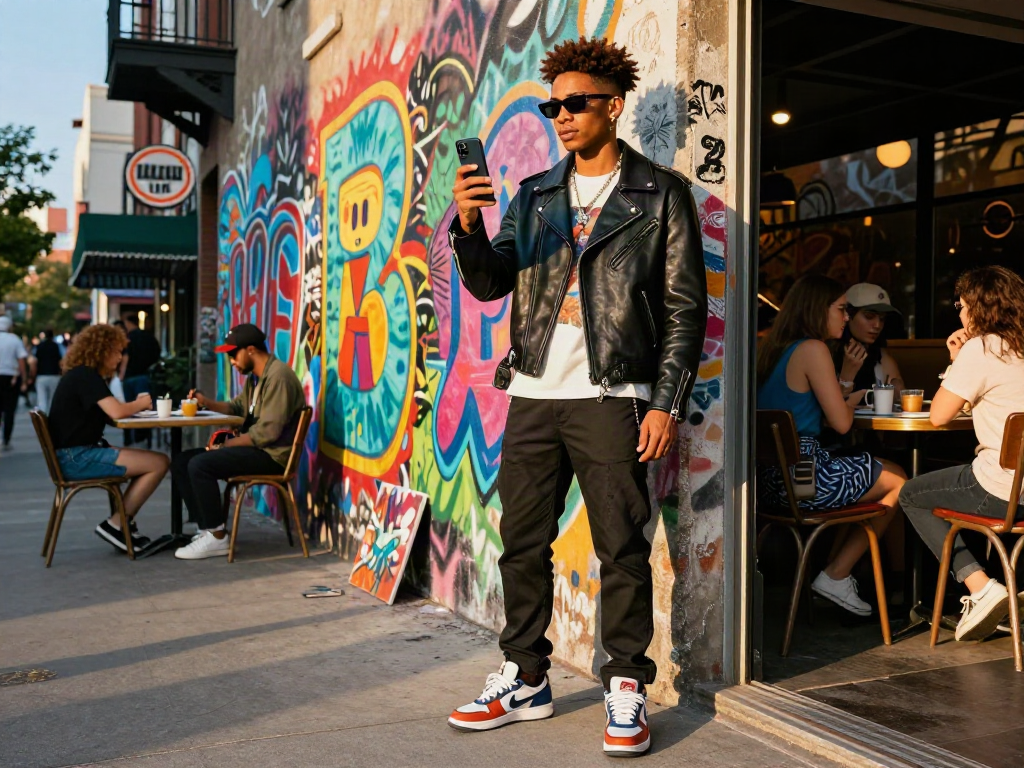 Person looks like a celebrity, styled in urban fashion against a colorful street backdrop