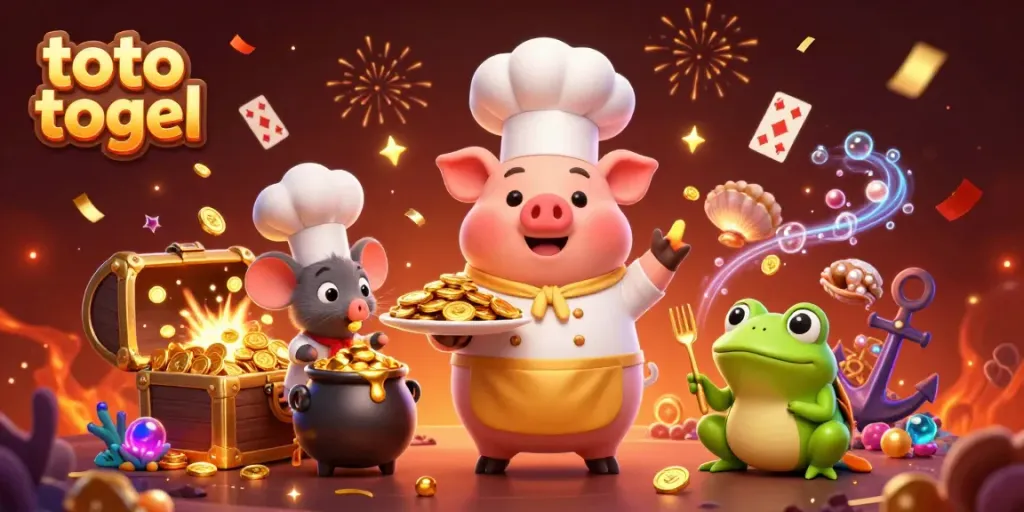 Experience thrilling toto togel action with our chef pig serving golden coins amidst a vibrant casino scene.