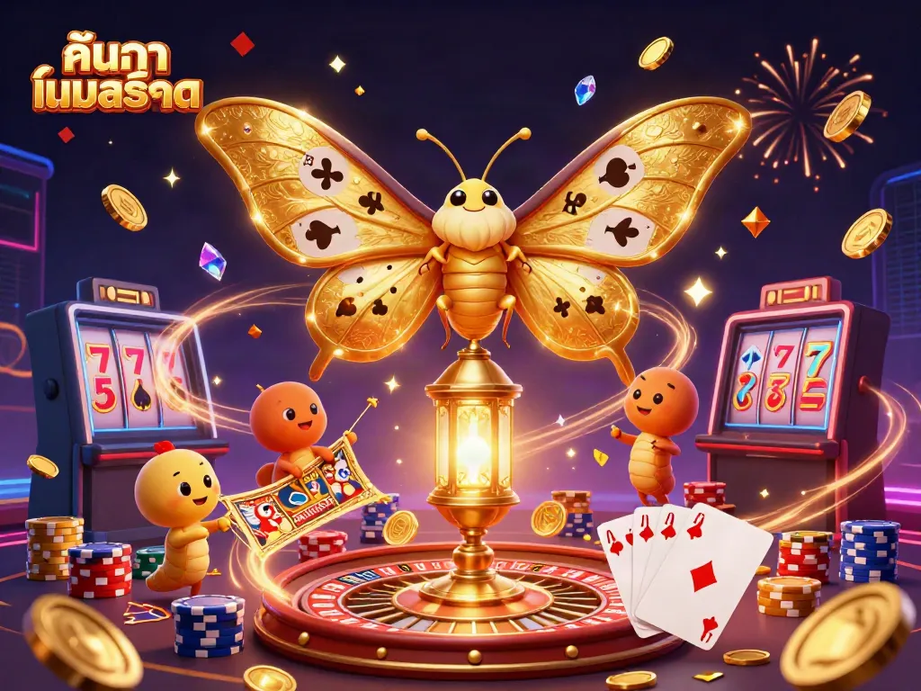 Experience thrilling ставок andค้นหาเกมสล็อต with vibrant golden coins, a unique atlas moth, and festive casino elements.