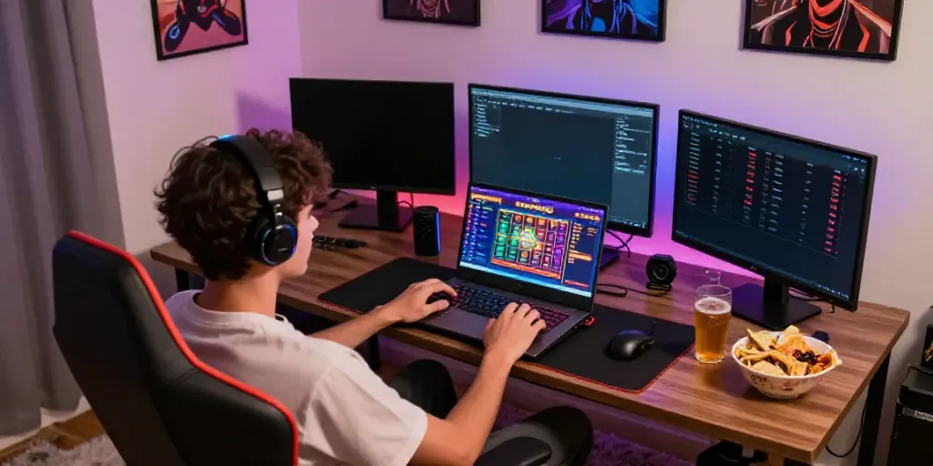 Player enjoying Togel online betting in a vibrant gaming setup.