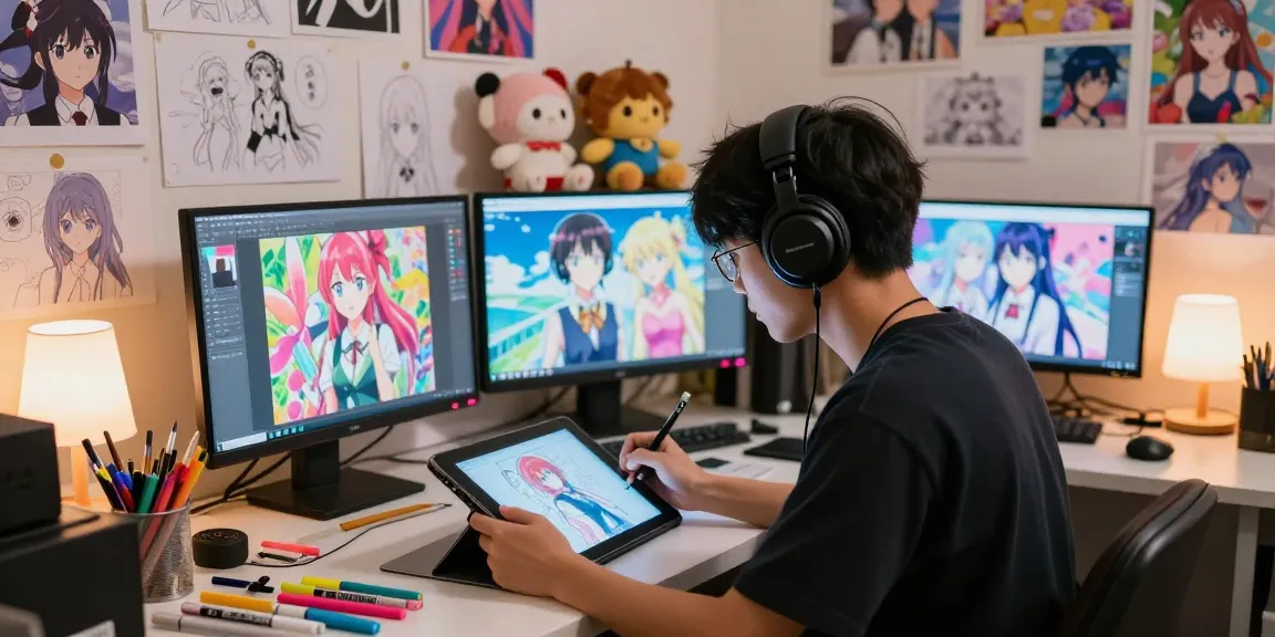 A passionate artist creating stunning ai ecchi characters in a vibrant art studio filled with sketches and colorful markers.