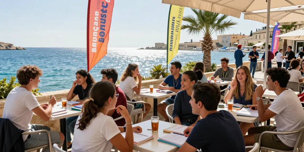 Escena atractiva de estudiantes en Englischkurse en Malta en un vibrante café al aire libre junto al mar Mediterráneo.