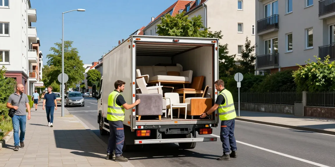 Sperrmüllabholung 80 Euro Berlin service team efficiently collecting discarded furniture in an urban setting.