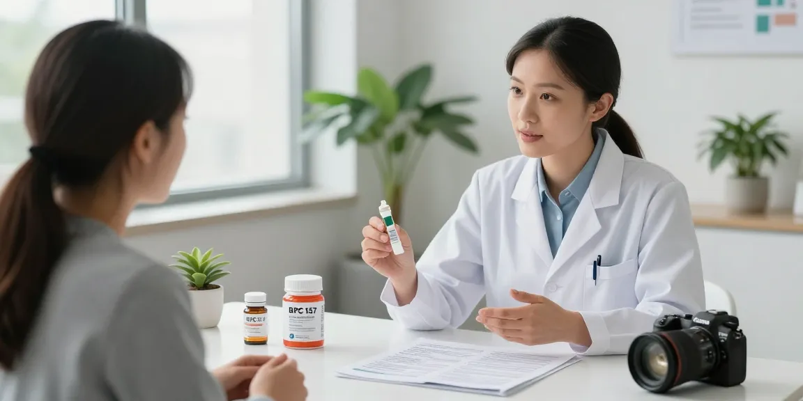 BPC 157 benefits shared between healthcare professional and patient with advanced buccal strips.