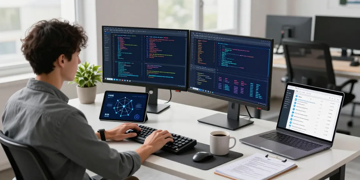 快连 optimizing network performance in a modern tech workspace with dual monitors and coding.