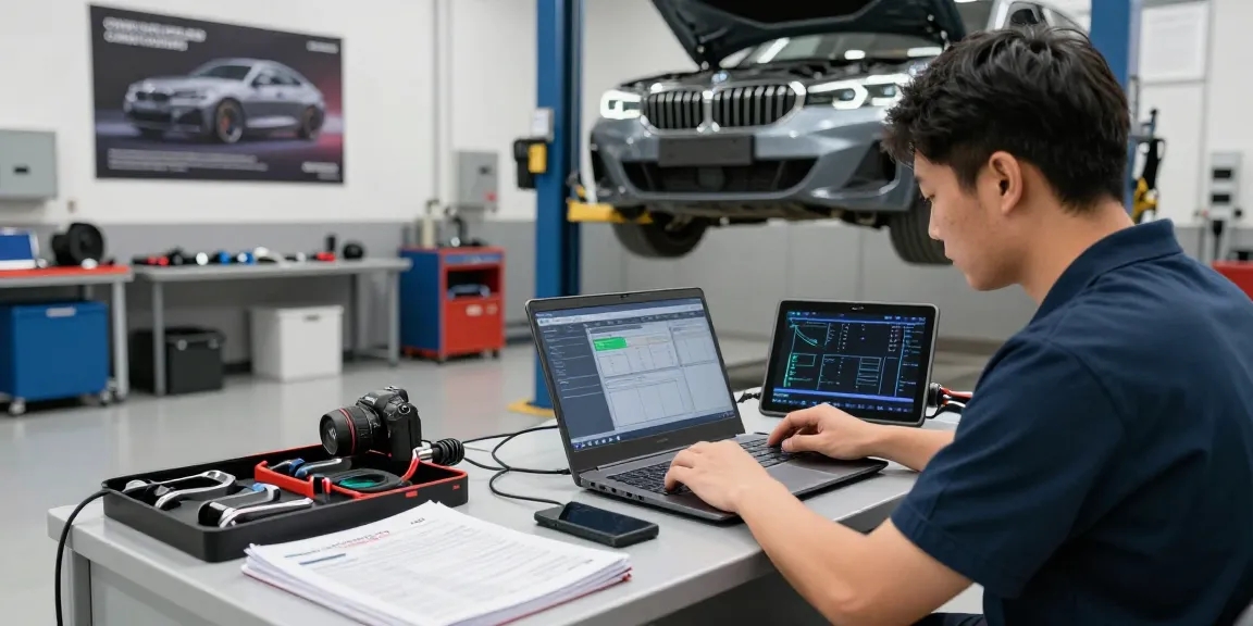 Chiptuning Hannover: Mechaniker optimiert BMW mit modernster Software und Technik in professioneller Werkstatt.