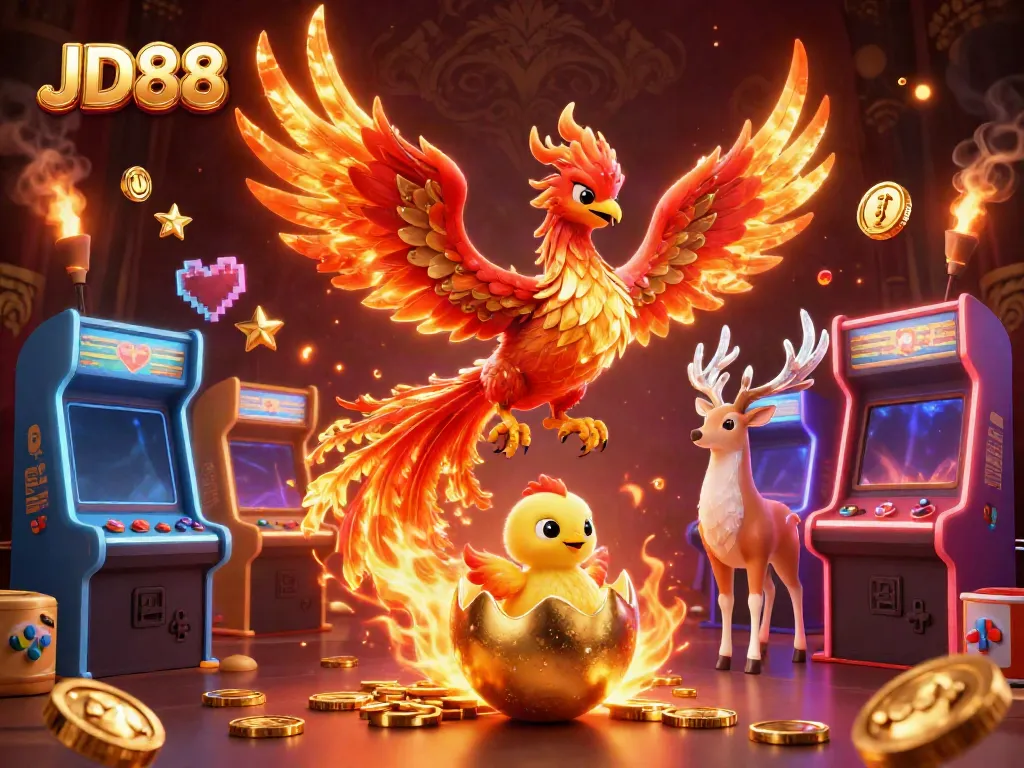 Experience the thrill of JD88 with a vibrant casino scene featuring a phoenix, game machines, and captivating visuals.