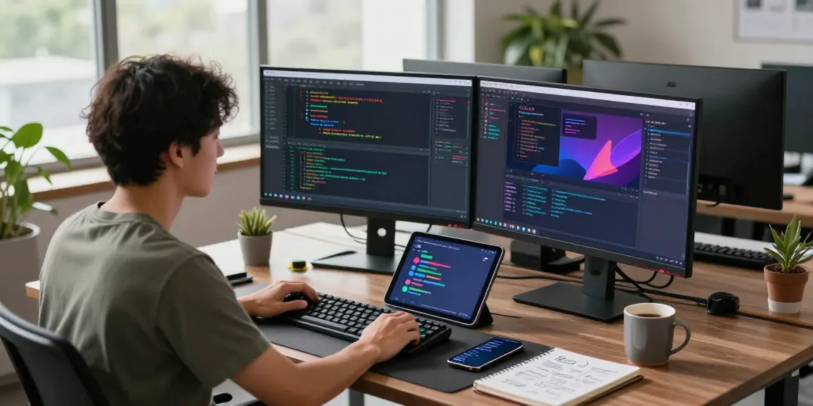 Developer engaged in coding at modern workspace showcasing 纸飞机中文版 and tech tools.