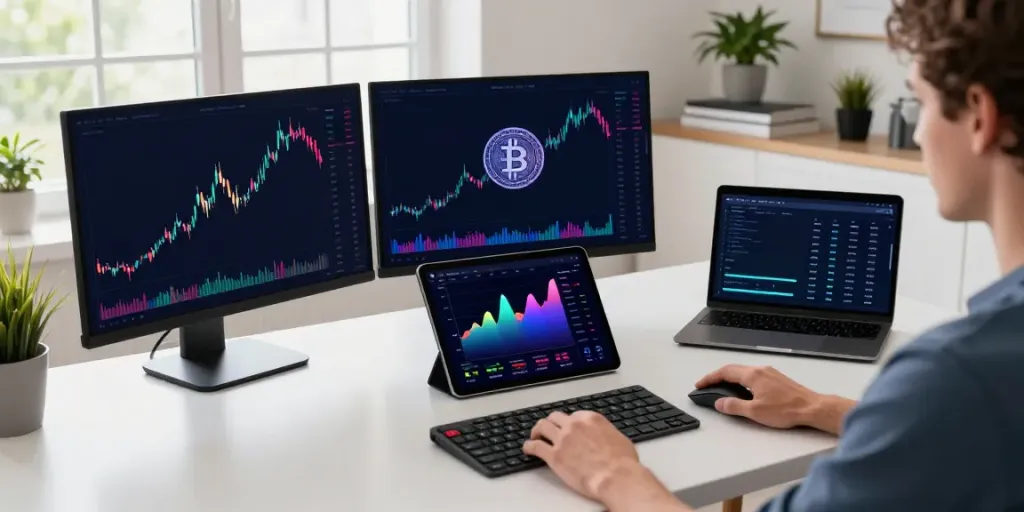 The cryptocurrency trading workspace featuring the crypto market data API displays real-time prices, trading charts, and wallet notifications.