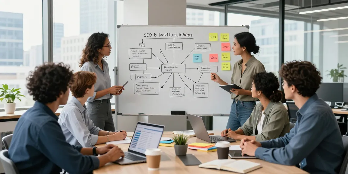SEO backlink services team collaboratively strategizing in a modern office