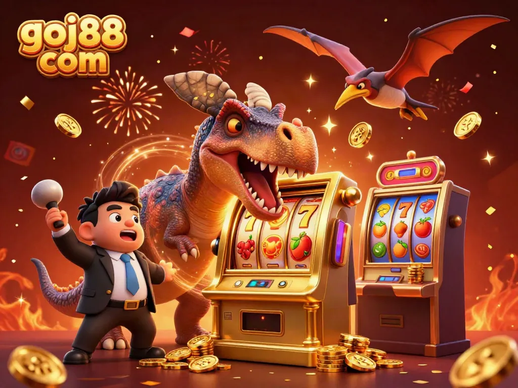 Experience the excitement of goj88 com as a pachycephalosaurus wins a jackpot, surrounded by vibrant casino scenes.