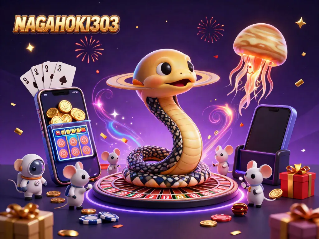Taruhan di NAGAHOKI303 dengan karakter kartun yang bermain slot di luar angkasa.