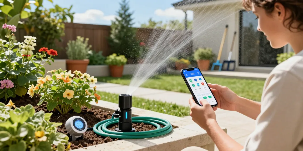 Homeowner using rainpoint smart sprinkler controller to manage garden irrigation effectively.