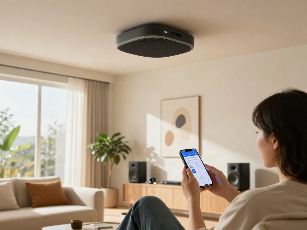 خرید اسپیکر سقفی in a modern living room with a person adjusting audio settings on a smartphone.