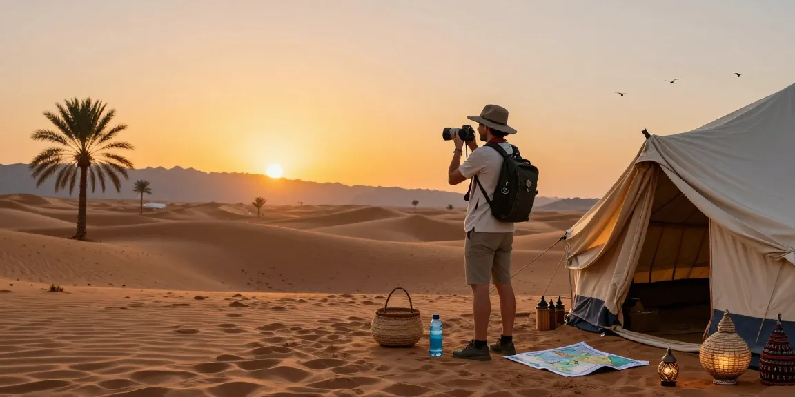 Traveler enjoying a desert slot adventure at sunset with scenic backdrop and cultural artifacts.