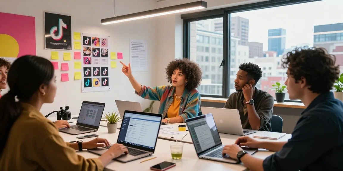 Get TikTok views through social media marketing teamwork in a vibrant office setting.