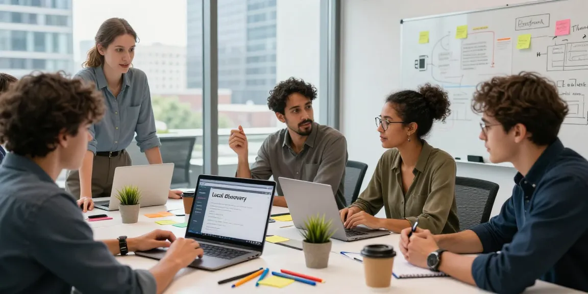 Team collaborating on local discovery strategy in a modern office.