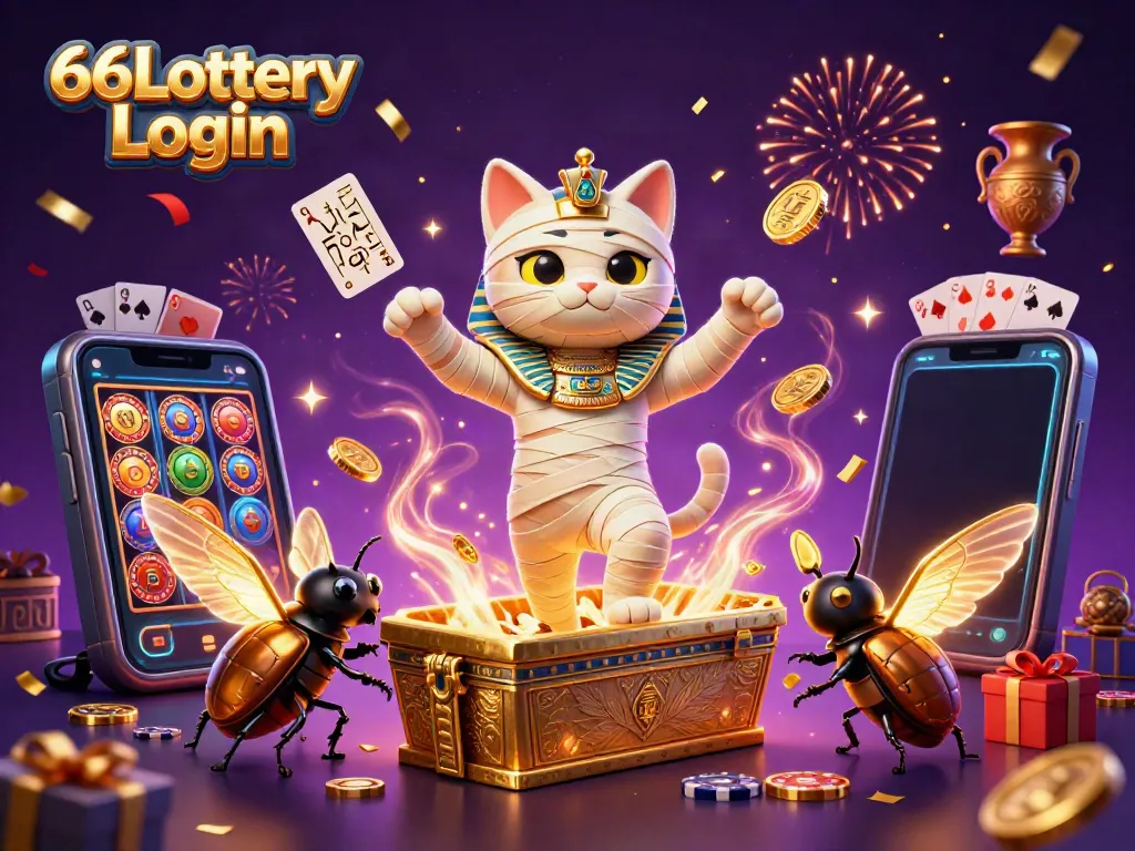 Engage with 66Lottery Login and experience vibrant gaming with an Egyptian mummy cat and a scarab beetle.