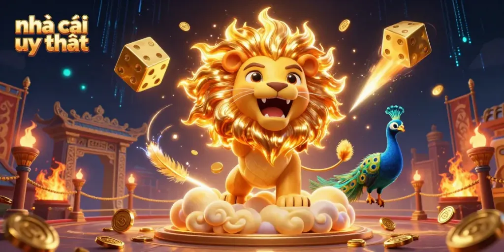 Engage in the thrilling world of nhà cái uy tín with a vibrant 3D cartoon scene showcasing a roaring lion, golden dice, and a peacock.