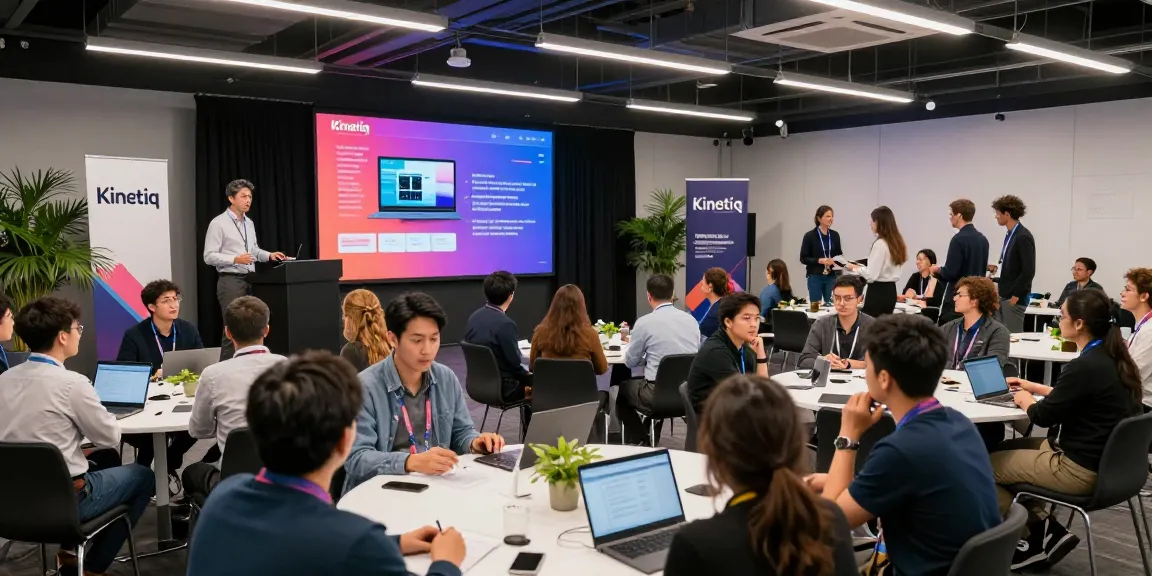 Kinetiq conference scene with diverse professionals engaging in innovative media analytics solutions during a tech expo.