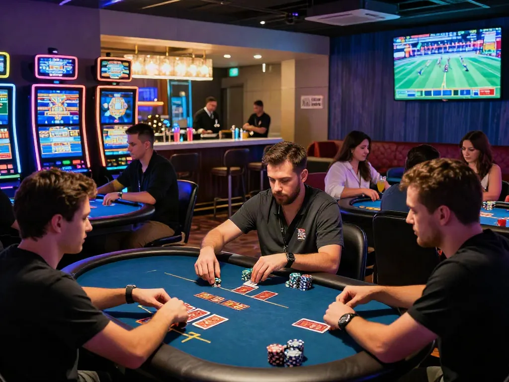 Experience the excitement of gambling with rokok88 login at a modern gaming lounge full of vibrant activity and social interaction.
